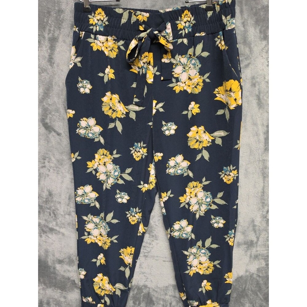 Women's Navy Floral Cropped Pants with Drawstring Sz LG